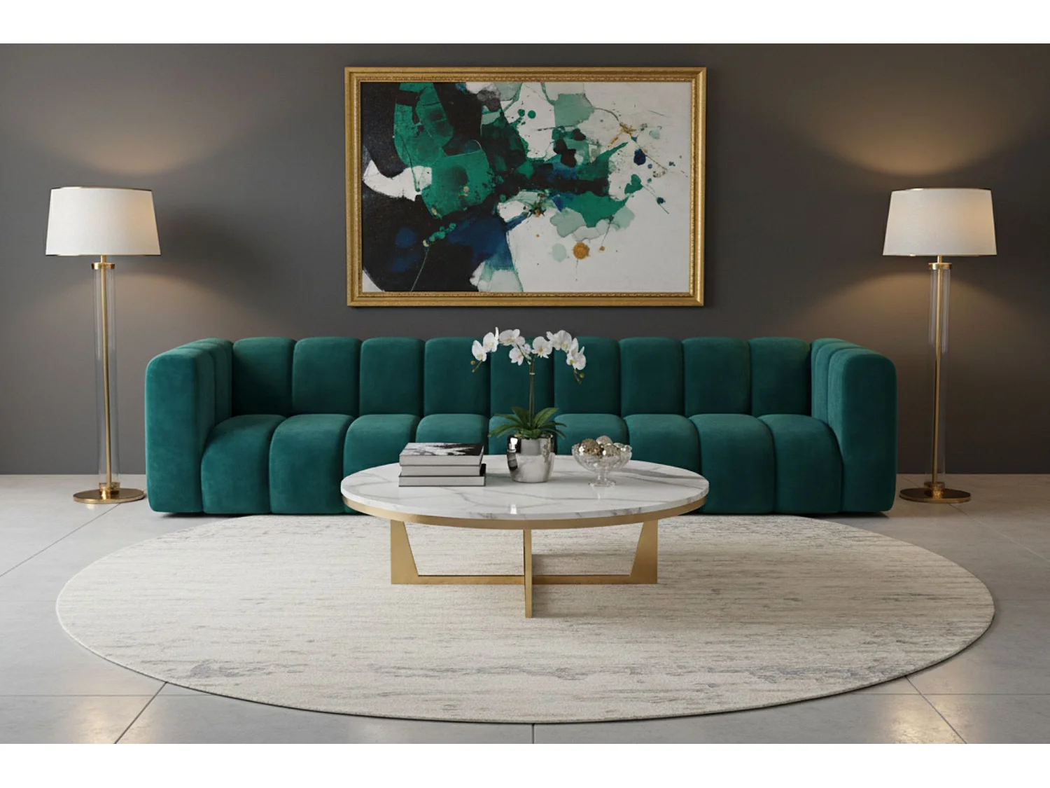 Bank, Vijfzitsbank Grand, Veloursstof Salvador, Azurblauw