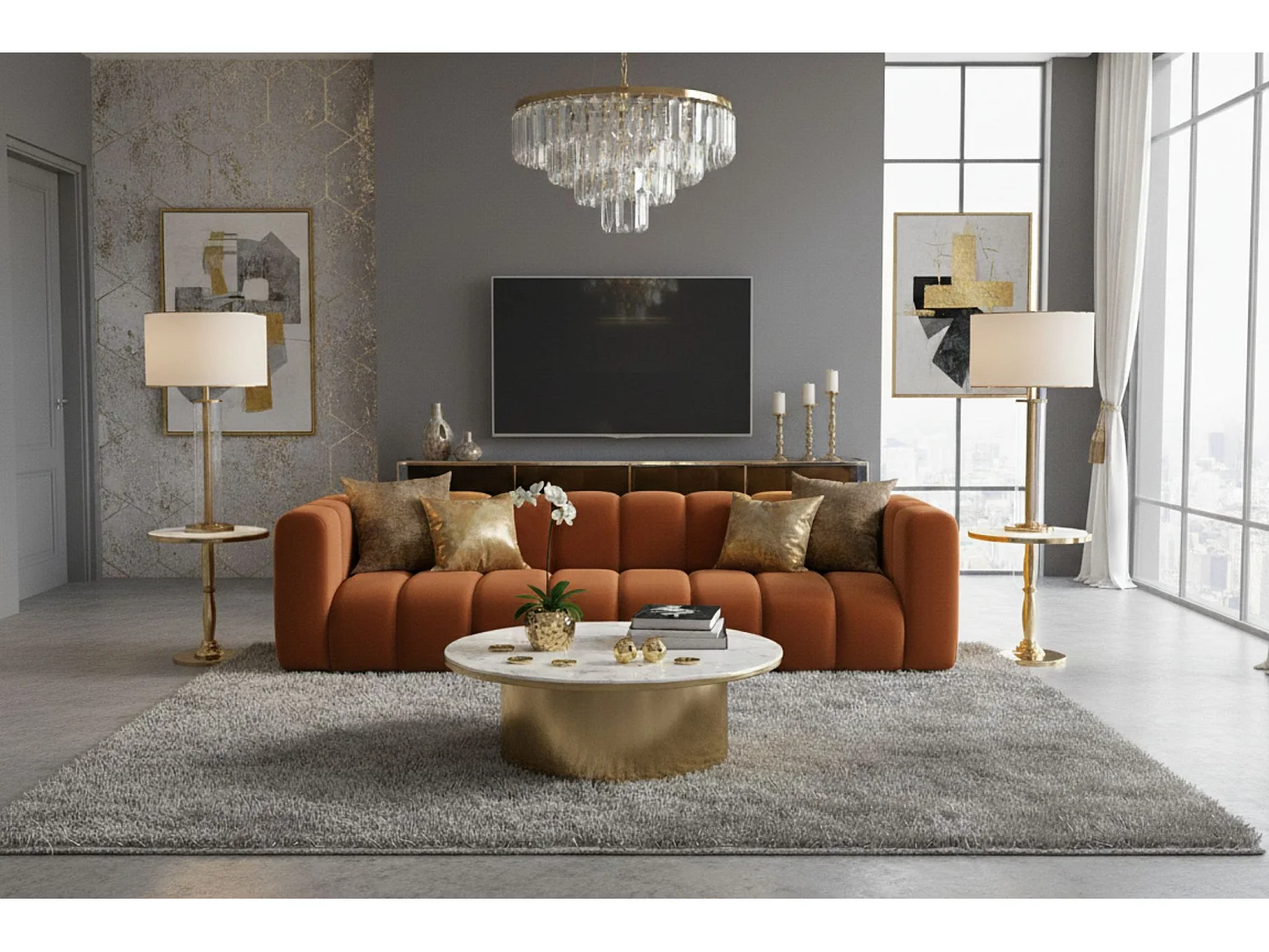 Bank, Vierzitsbank Grand, Veloursstof Salvador, Bruin