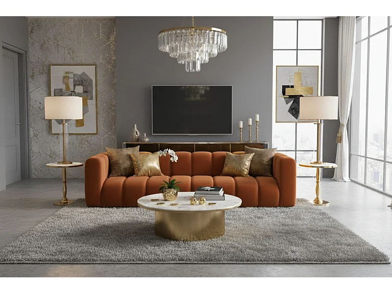 Divano, Divano a 4 posti Grand, Tessuto in Velluto Salvador, Marrone