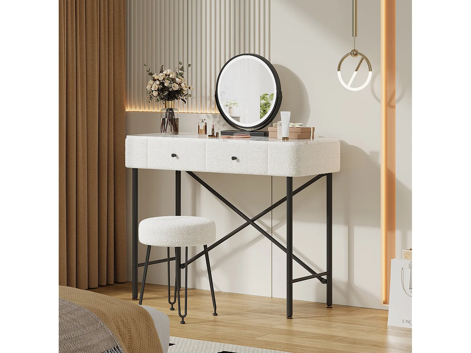 Schminktisch mit Spiegel 100x40x120cm - mit verstellbarer LED - mit 1 Hocker - mit 2 Schubladen - Marmoroptik - Weiß + Schwarz