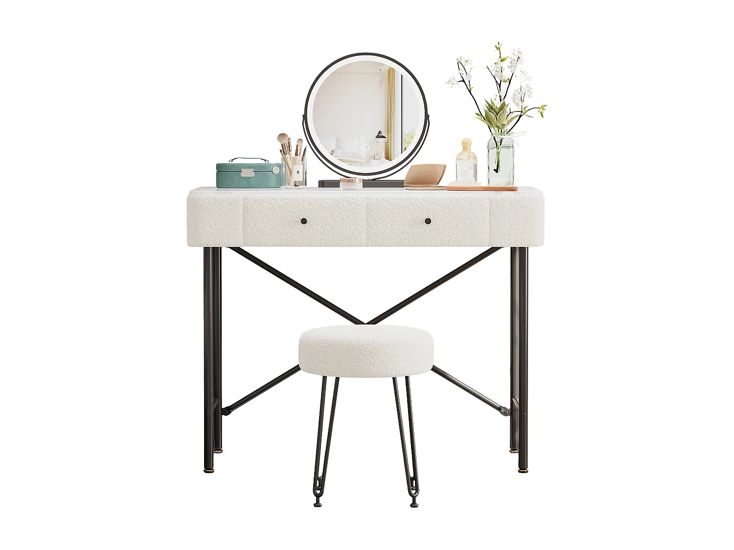 Schminktisch mit Spiegel 100x40x120cm - mit verstellbarer LED - mit 1 Hocker - mit 2 Schubladen - Marmoroptik - Weiß + Schwarz