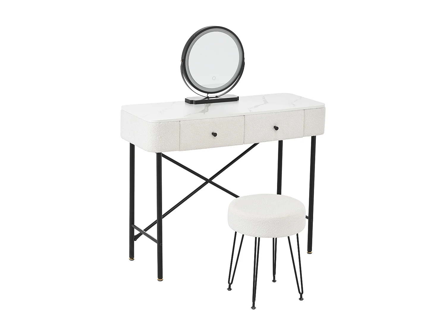 Schminktisch mit Spiegel 100x40x120cm - mit verstellbarer LED - mit 1 Hocker - mit 2 Schubladen - Marmoroptik - Weiß + Schwarz