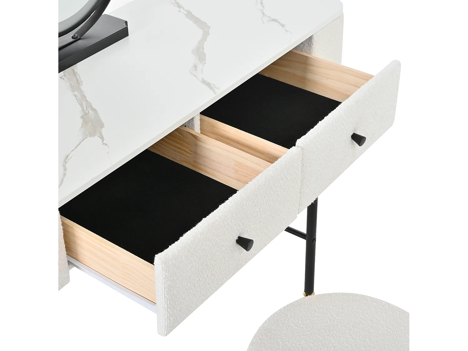 Schminktisch mit Spiegel 100x40x120cm - mit verstellbarer LED - mit 1 Hocker - mit 2 Schubladen - Marmoroptik - Weiß + Schwarz