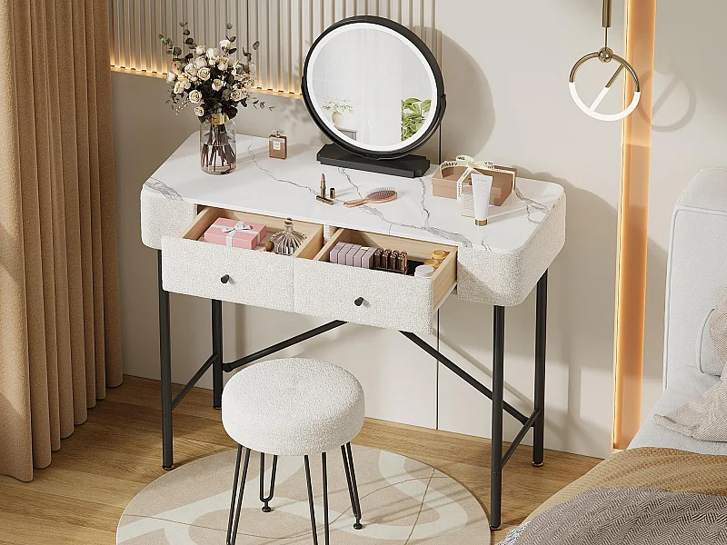 Schminktisch mit Spiegel 100x40x120cm - mit verstellbarer LED - mit 1 Hocker - mit 2 Schubladen - Marmoroptik - Weiß + Schwarz