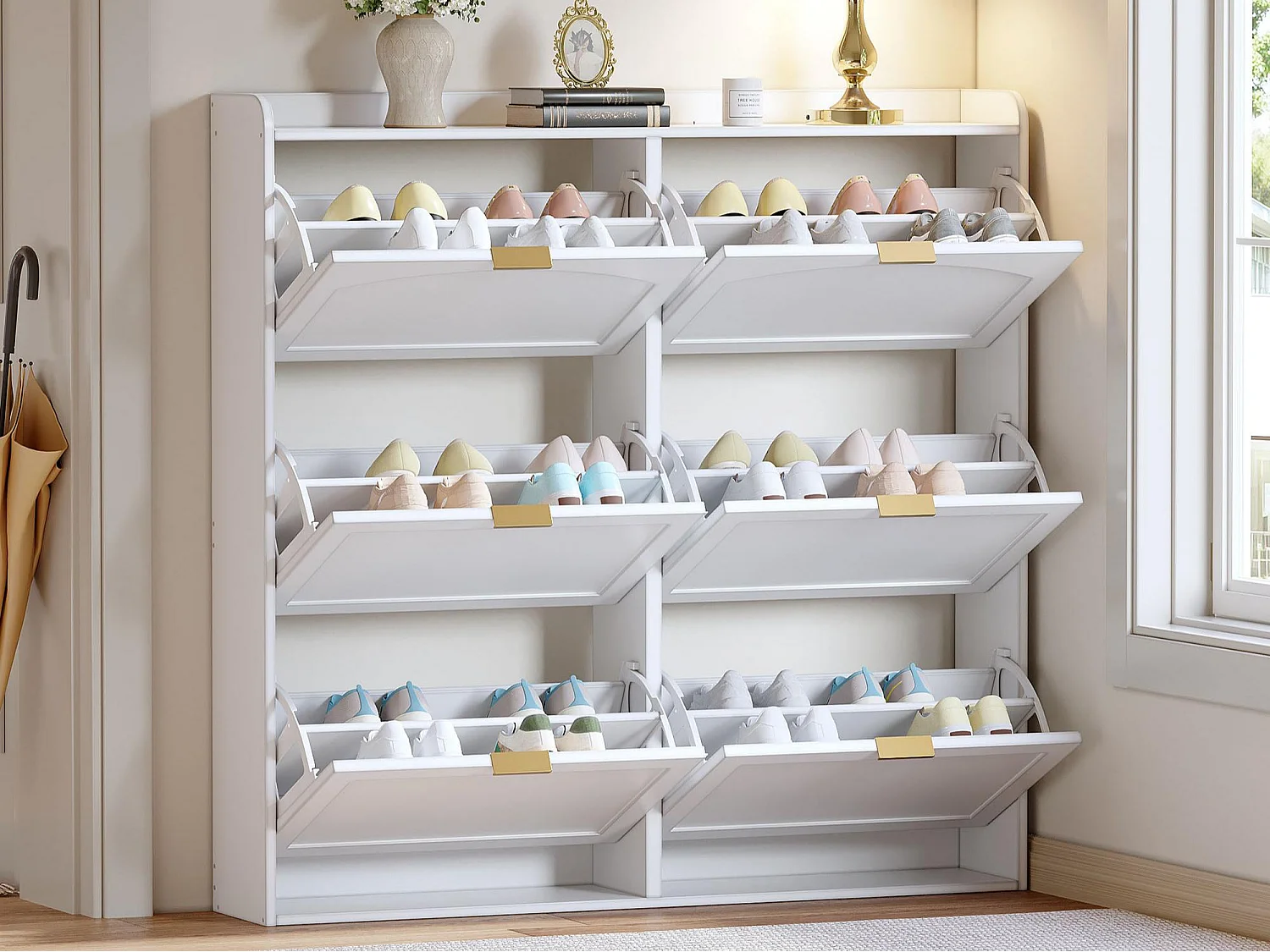 Meuble à chaussures 120x23x118cm - avec 6 portes abattants - blanc