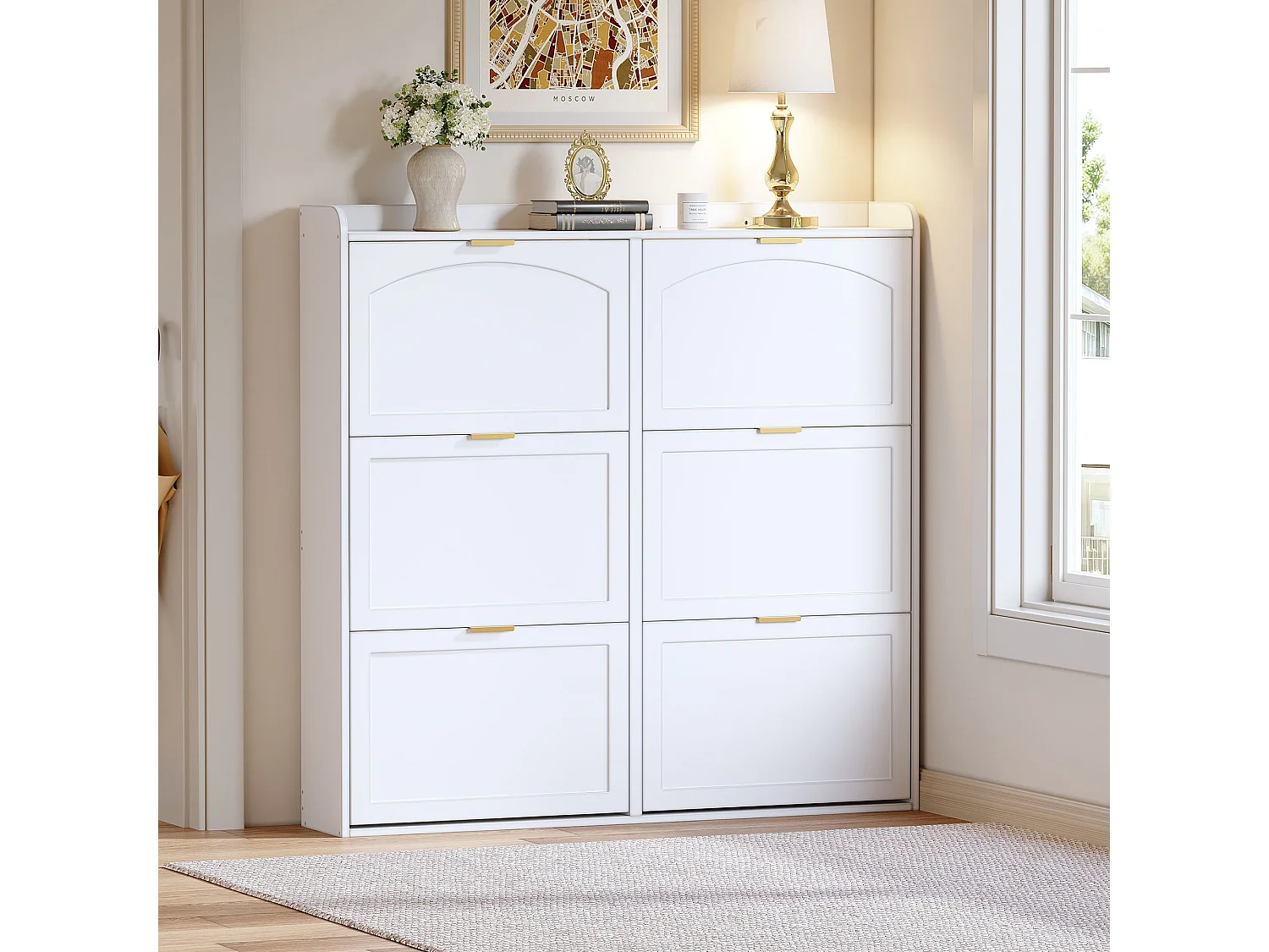 Meuble à chaussures 120x23x118cm - avec 6 portes abattants - blanc