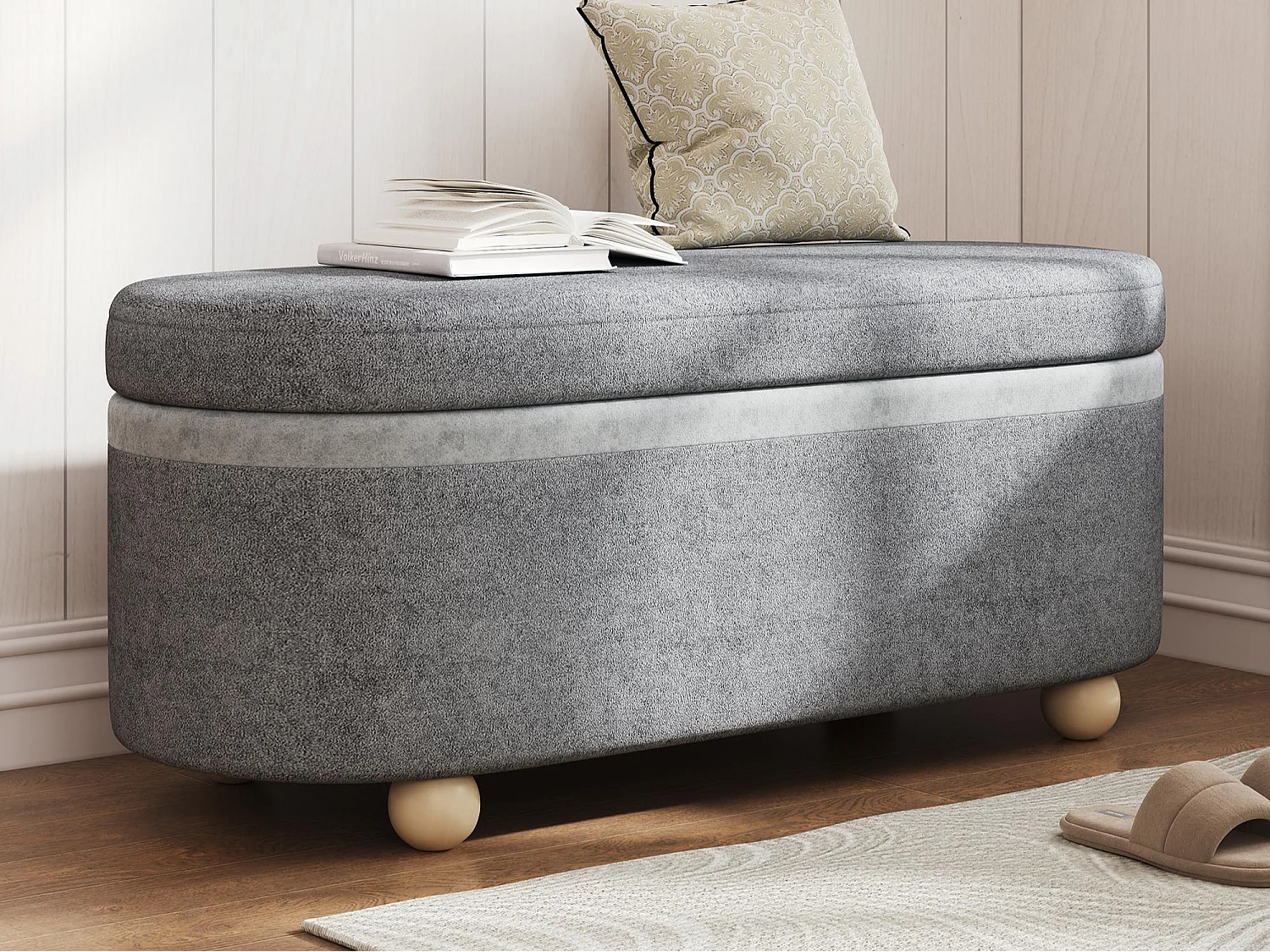 Aufbewahrungsbank 121.5x49x44.5cm - Bezug aus Wollstoff - Hockerbeine aus Holz - Grau