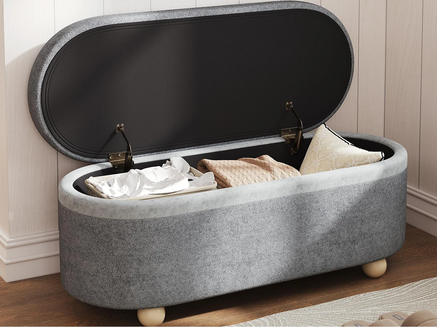 Aufbewahrungsbank 121.5x49x44.5cm - Bezug aus Wollstoff - Hockerbeine aus Holz - Grau