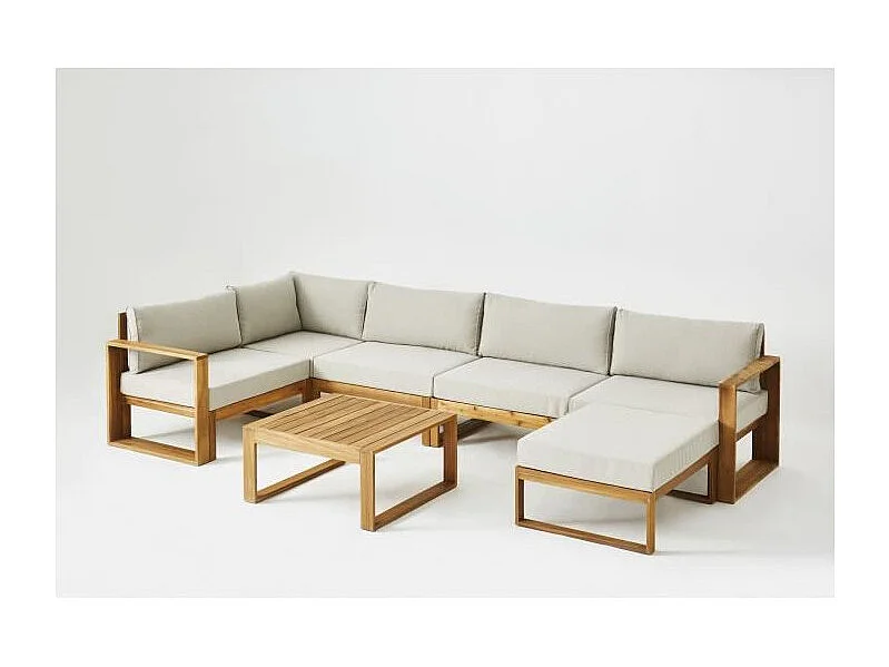 Modułowy narożnik ogrodowy LEVATA z akacji FSC na 7 osób z podnóżkiem i szarymi poduszkami, pokrowiec w zestawie