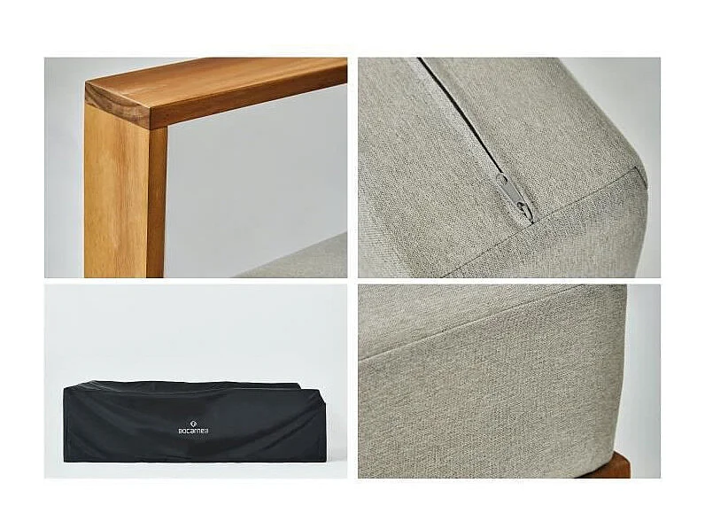 Modułowy narożnik ogrodowy LEVATA z akacji FSC na 7 osób z podnóżkiem i szarymi poduszkami, pokrowiec w zestawie