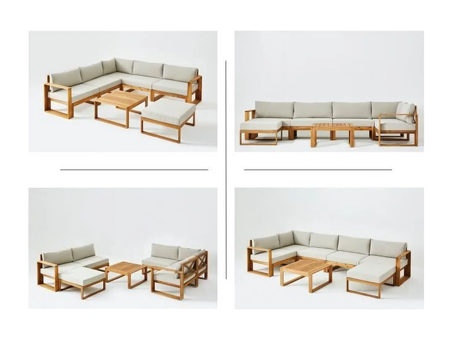 Modułowy narożnik ogrodowy LEVATA z akacji FSC na 7 osób z podnóżkiem i szarymi poduszkami, pokrowiec w zestawie