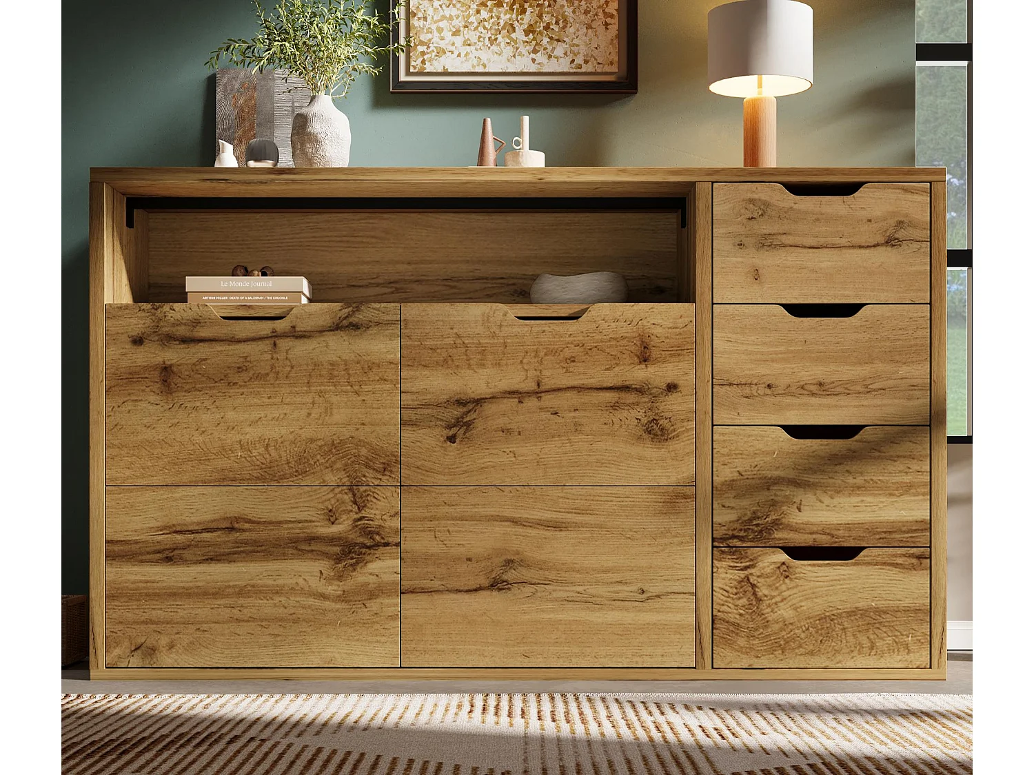 Buffet 150x40x90cm - avec 2 portes et 4 tiroirs - avec compartiments ouverts - extérieur en chêne - couleur chêne