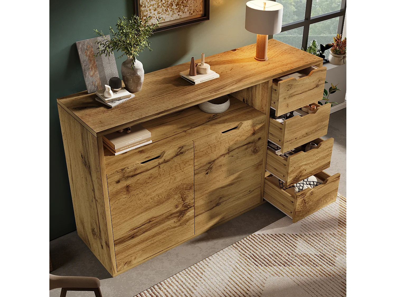 Buffet 150x40x90cm - avec 2 portes et 4 tiroirs - avec compartiments ouverts - extérieur en chêne - couleur chêne