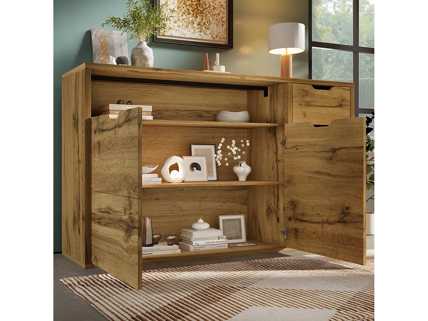 Buffet 150x40x90cm - avec 2 portes et 4 tiroirs - avec compartiments ouverts - extérieur en chêne - couleur chêne