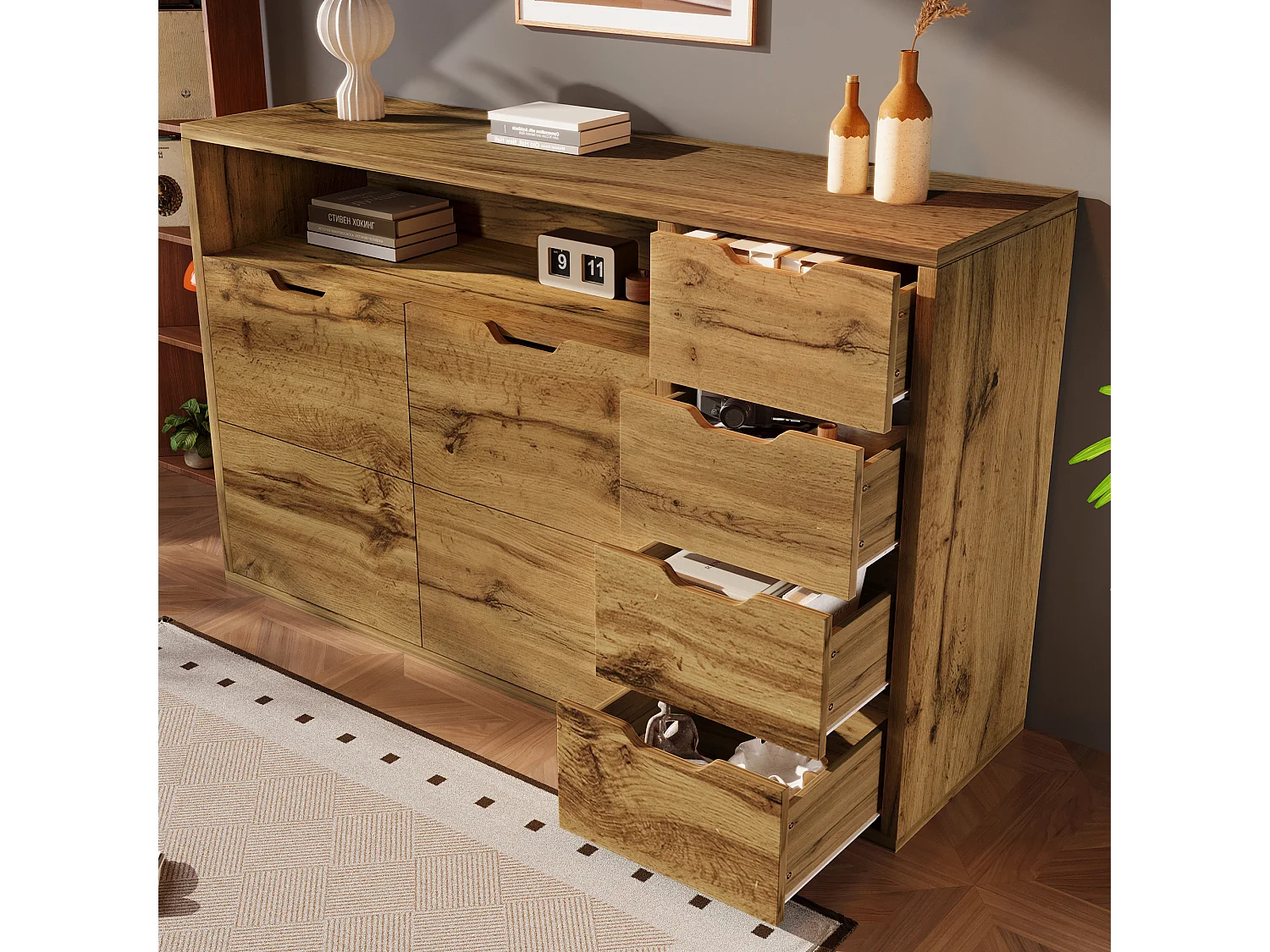 Buffet 150x40x90cm - avec 2 portes et 4 tiroirs - avec compartiments ouverts - extérieur en chêne - couleur chêne