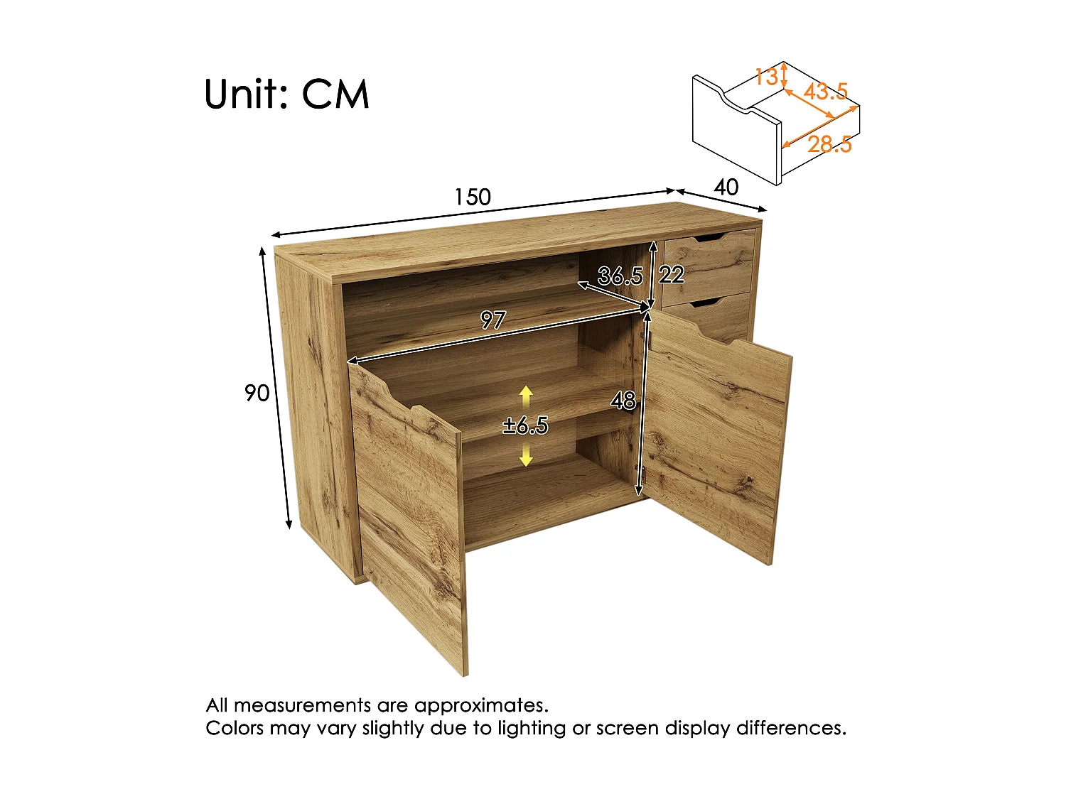 Buffet 150x40x90cm - avec 2 portes et 4 tiroirs - avec compartiments ouverts - extérieur en chêne - couleur chêne