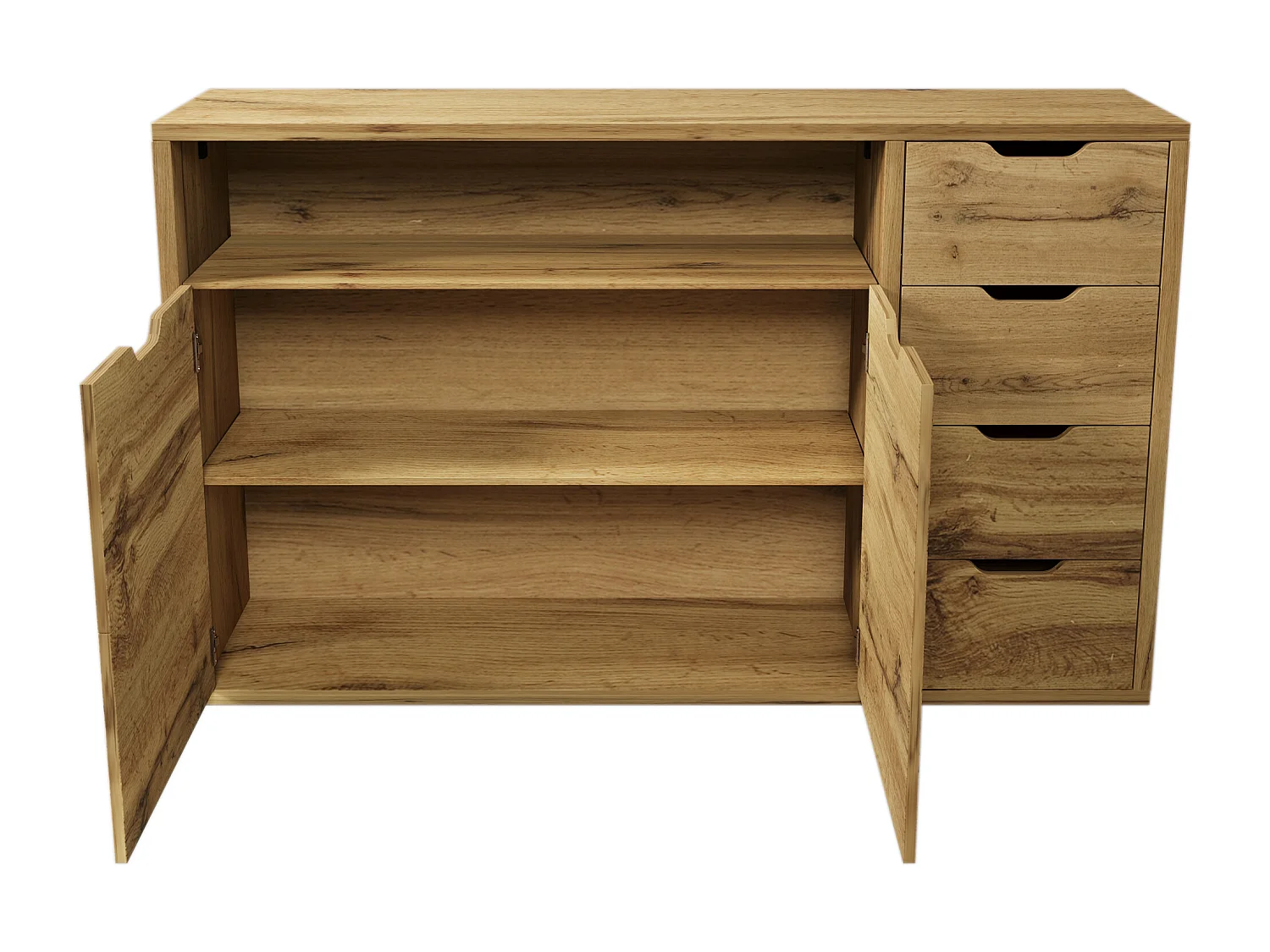 Buffet 150x40x90cm - avec 2 portes et 4 tiroirs - avec compartiments ouverts - extérieur en chêne - couleur chêne