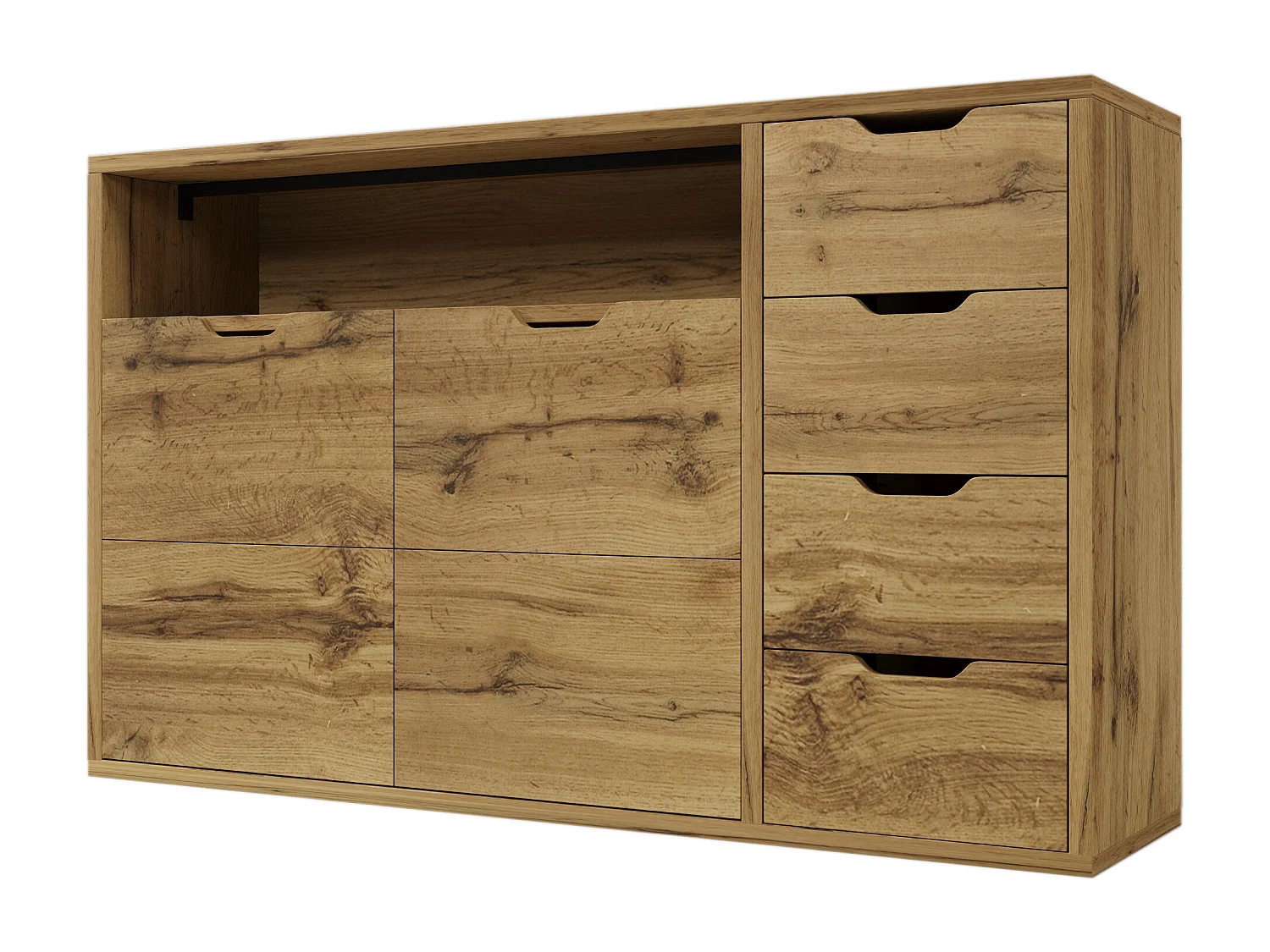 Buffet 150x40x90cm - avec 2 portes et 4 tiroirs - avec compartiments ouverts - extérieur en chêne - couleur chêne