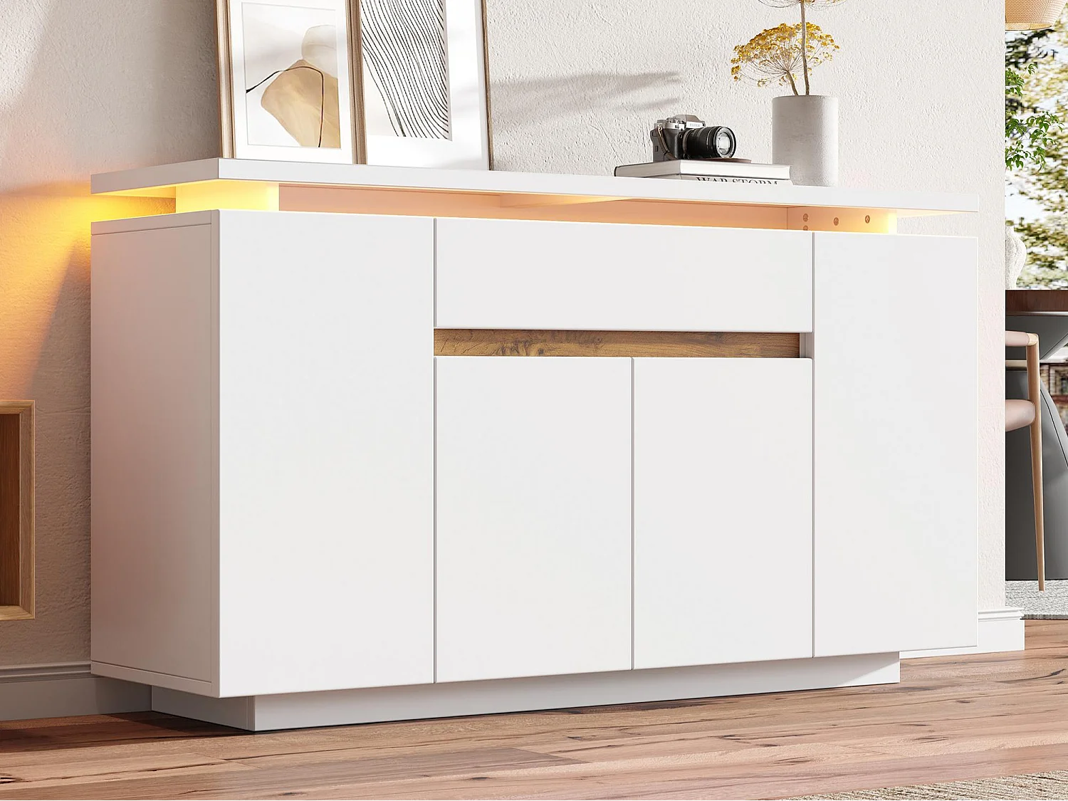Buffet moderne 140x40x80cm - avec éclairage LED - avec 1 tiroir et 4 portes - avec des étagères réglables - blanc