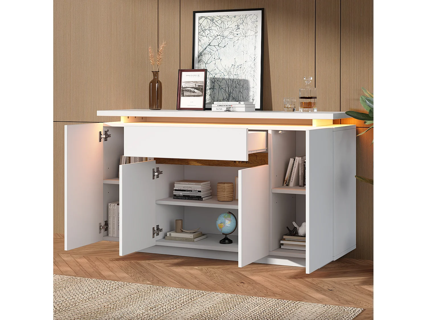 Buffet moderne 140x40x80cm - avec éclairage LED - avec 1 tiroir et 4 portes - avec des étagères réglables - blanc