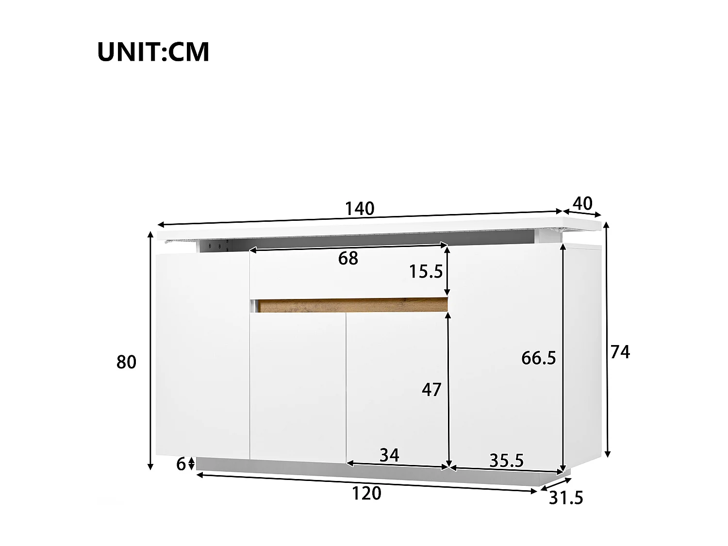 Buffet moderne 140x40x80cm - avec éclairage LED - avec 1 tiroir et 4 portes - avec des étagères réglables - blanc