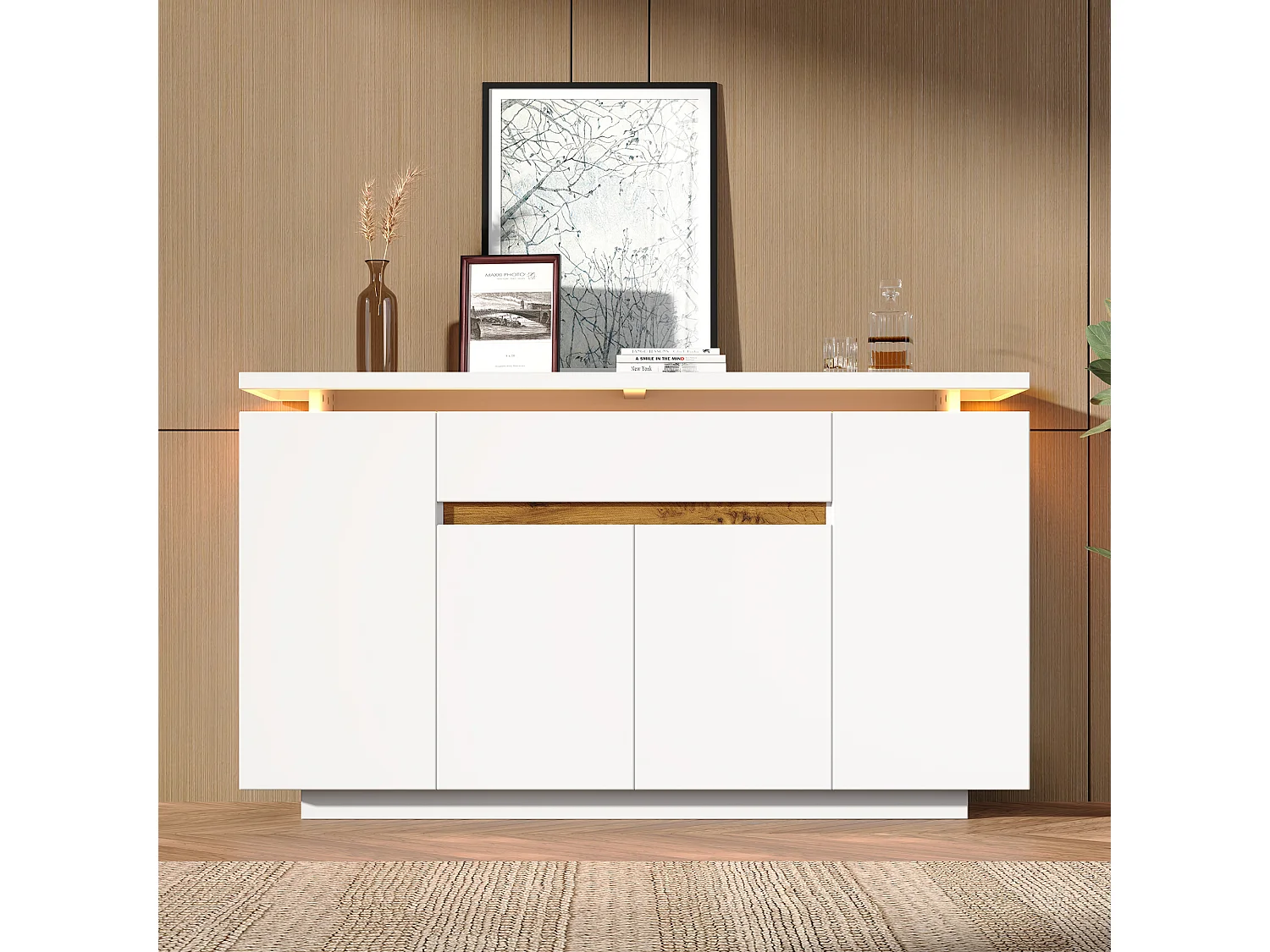 Buffet moderne 140x40x80cm - avec éclairage LED - avec 1 tiroir et 4 portes - avec des étagères réglables - blanc