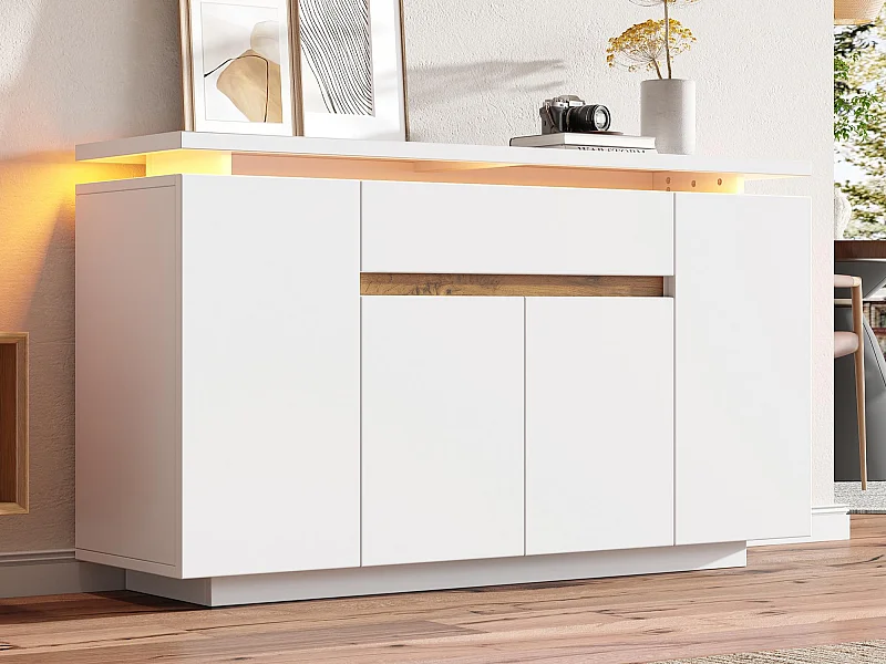 Buffet moderne 140x40x80cm - avec éclairage LED - avec 1 tiroir et 4 portes - avec des étagères réglables - blanc