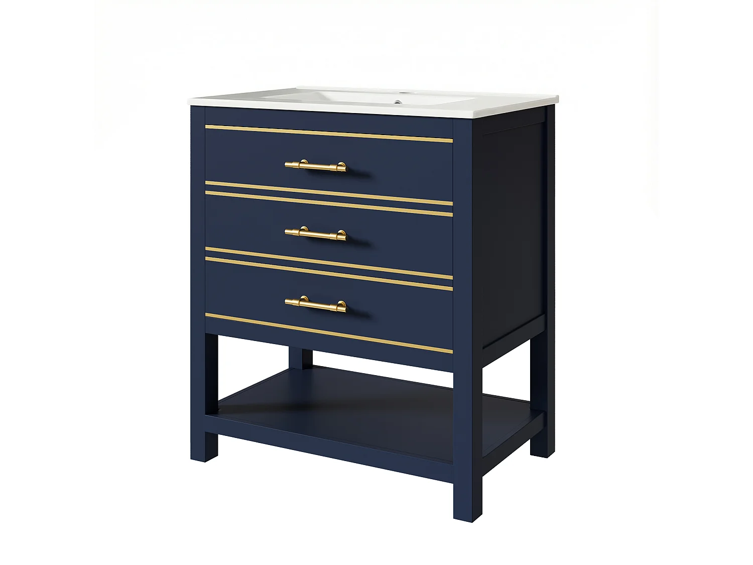 Mebel łazienkowy - z ceramiczna umywalką - z 2 szufladami i 1 otwartą przegródką - niebieski​ (bateria nie jest wliczona w cenę)