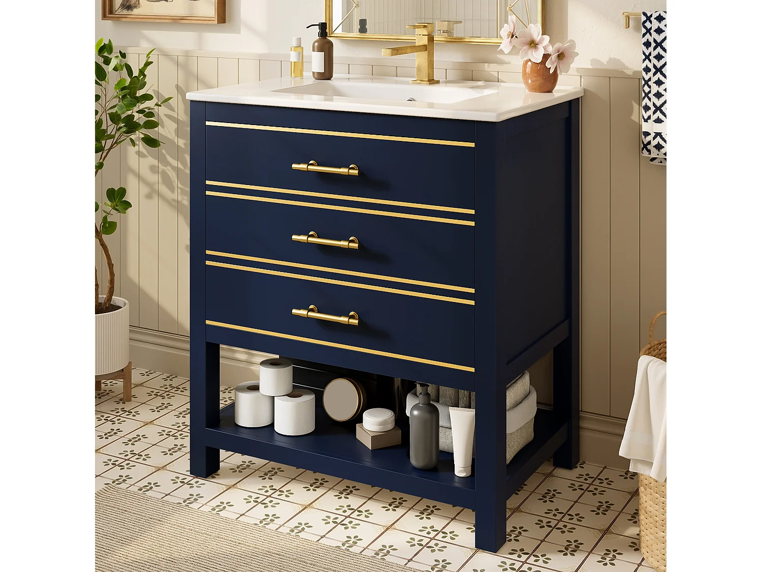 Meuble de salle de bain - avec une vasque en céramique - avec 2 tiroirs et 1 compartiment ouvert - bleu (robinet non inclus)