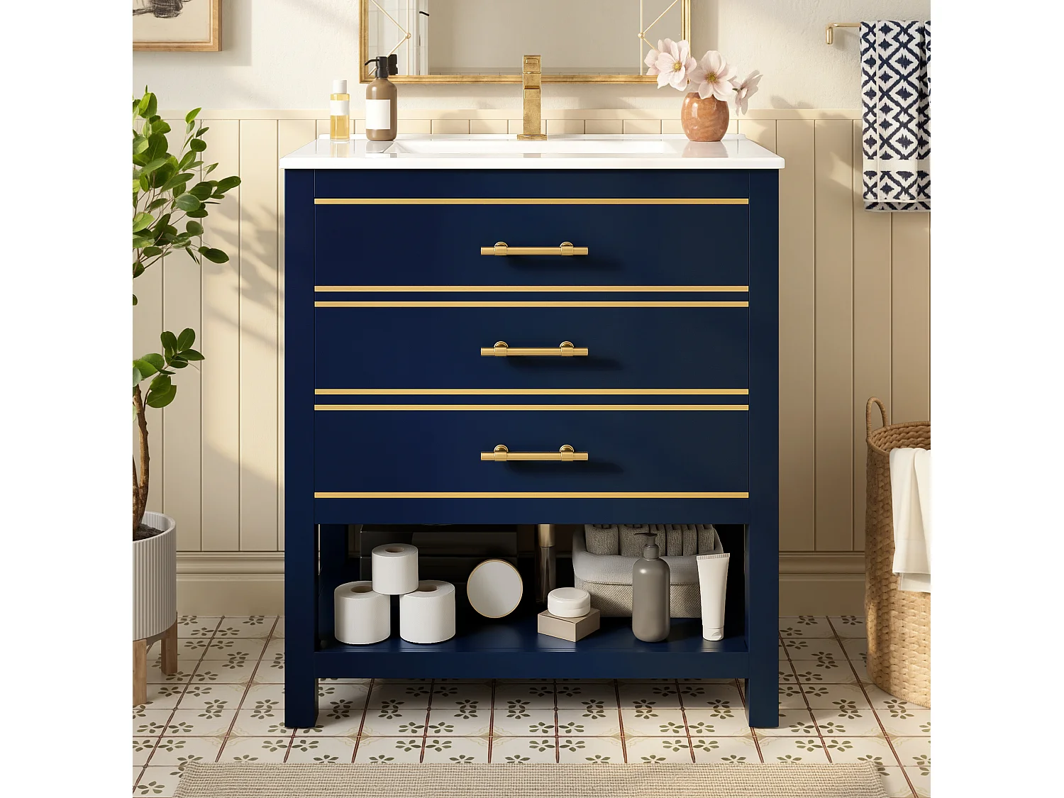 Meuble de salle de bain - avec une vasque en céramique - avec 2 tiroirs et 1 compartiment ouvert - bleu (robinet non inclus)