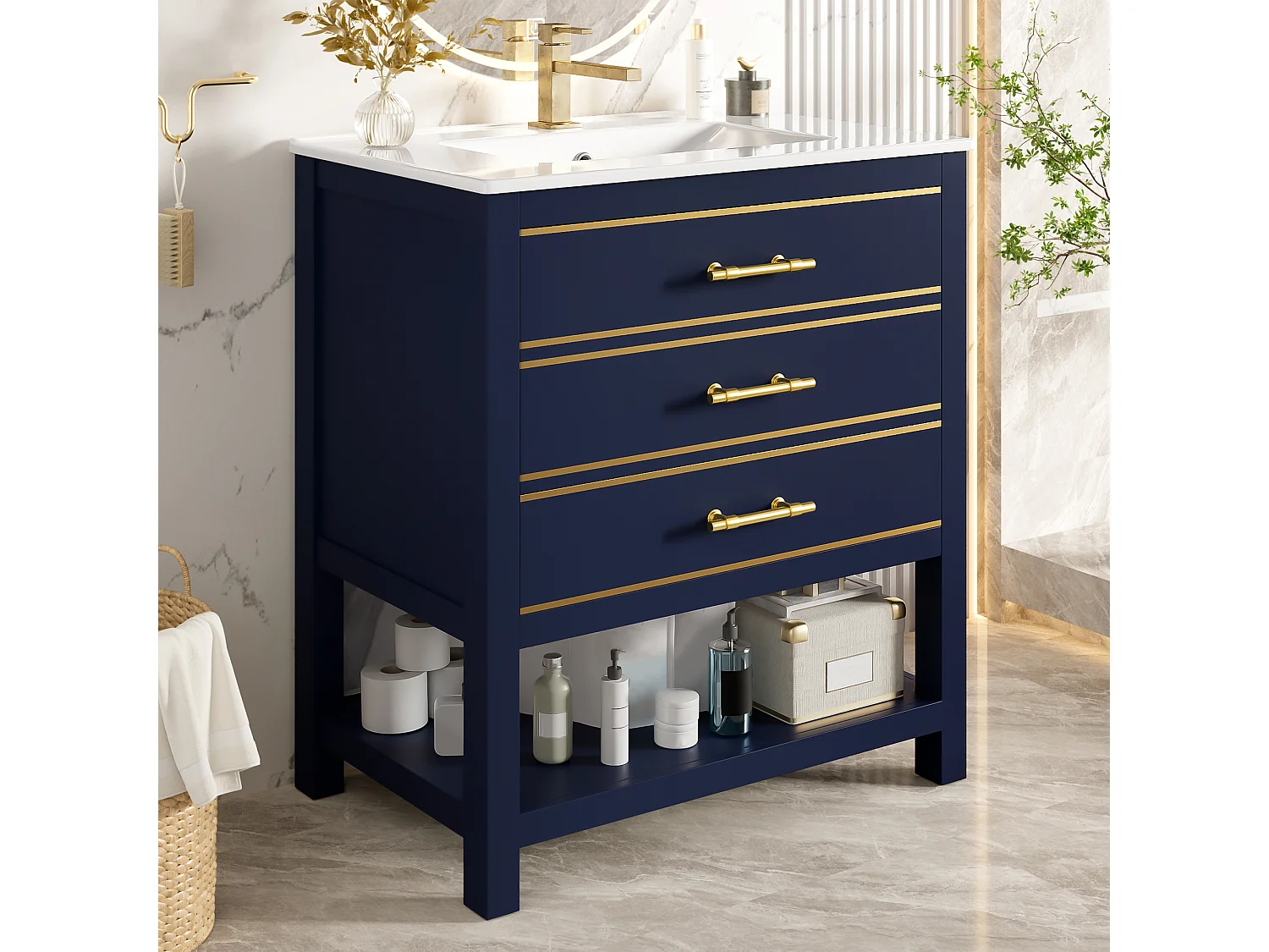 Meuble de salle de bain - avec une vasque en céramique - avec 2 tiroirs et 1 compartiment ouvert - bleu (robinet non inclus)