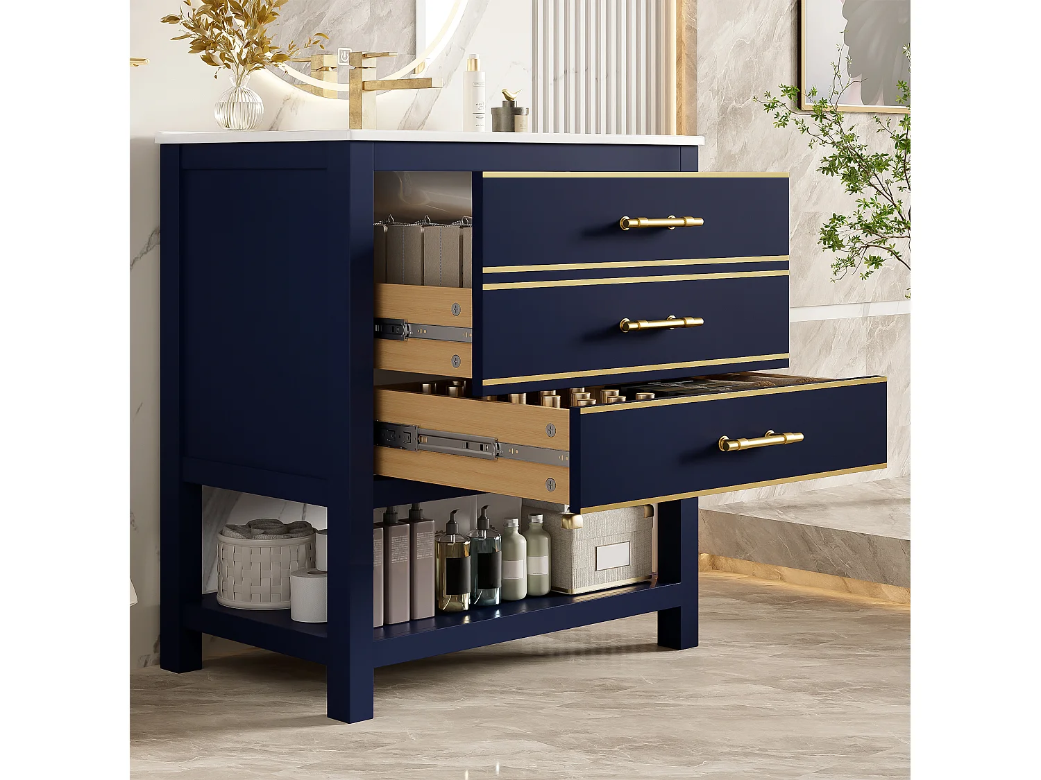 Meuble de salle de bain - avec une vasque en céramique - avec 2 tiroirs et 1 compartiment ouvert - bleu (robinet non inclus)