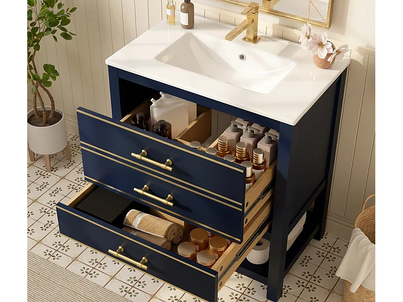 Badezimmerschrank - mit Keramikwaschbecken - mit 2 Schubladen und 1 offenem Fach - blau​ (Armatur nicht inbegriffen)