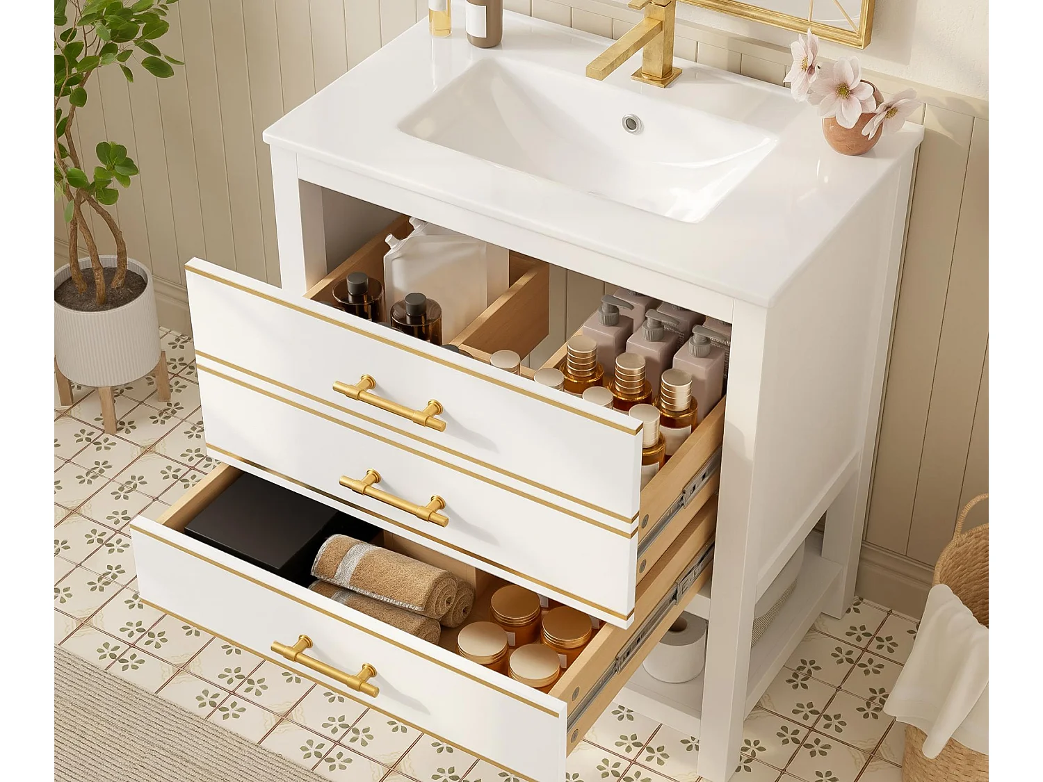 Mebel łazienkowy - z ceramiczna umywalką - z 2 szufladami i 1 otwartą przegródką - biały​ (bateria nie jest wliczona w cenę)