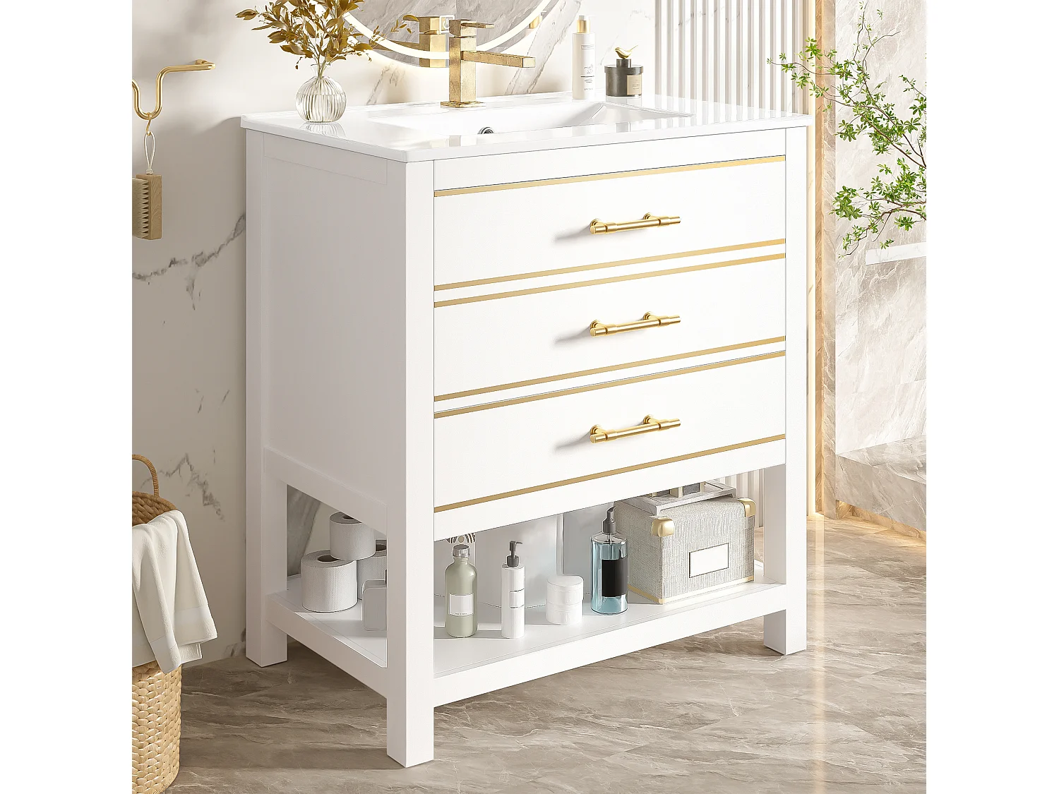 Mebel łazienkowy - z ceramiczna umywalką - z 2 szufladami i 1 otwartą przegródką - biały​ (bateria nie jest wliczona w cenę)