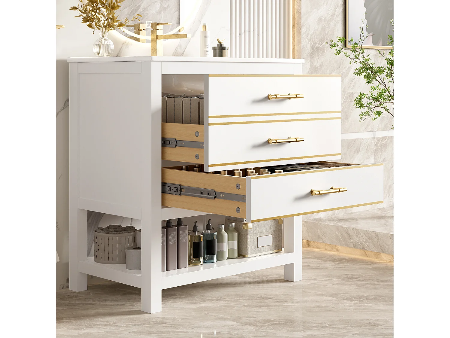 Mebel łazienkowy - z ceramiczna umywalką - z 2 szufladami i 1 otwartą przegródką - biały​ (bateria nie jest wliczona w cenę)