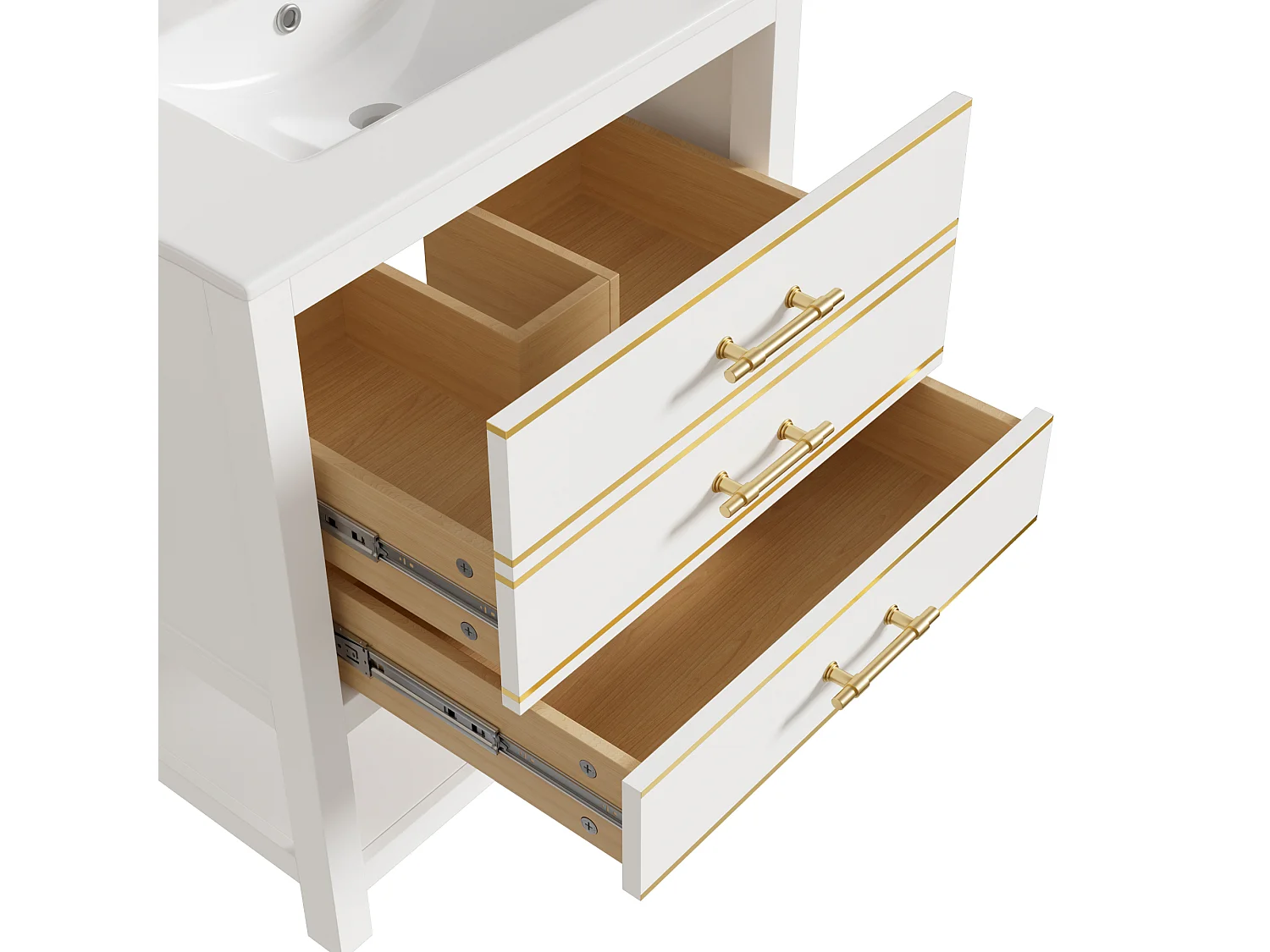 Mebel łazienkowy - z ceramiczna umywalką - z 2 szufladami i 1 otwartą przegródką - biały​ (bateria nie jest wliczona w cenę)