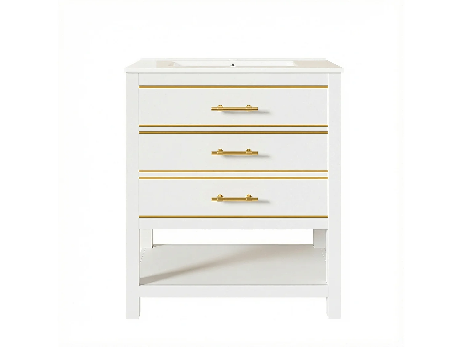 Mebel łazienkowy - z ceramiczna umywalką - z 2 szufladami i 1 otwartą przegródką - biały​ (bateria nie jest wliczona w cenę)