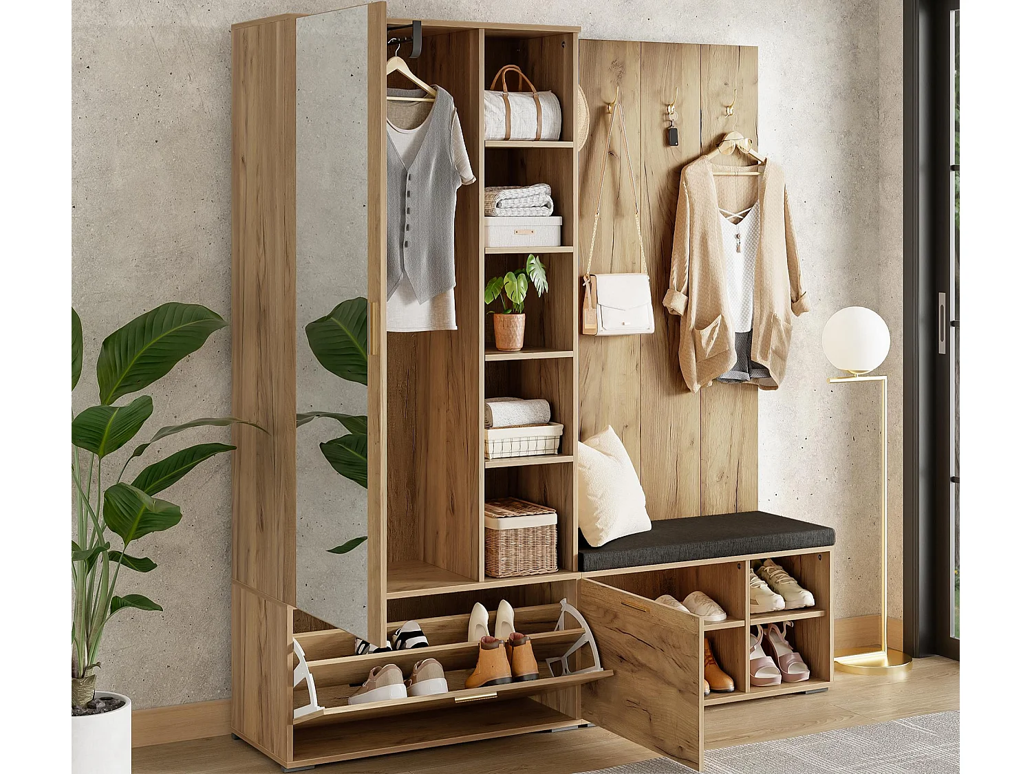 Ensemble vestiaire d'entrée 160x38x180cm - avec 3 portes et compartiments de rangement - avec miroir et meuble à chaussures - avec crochet - Naturel