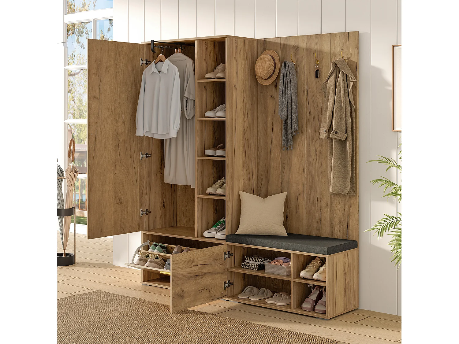 Ensemble vestiaire d'entrée 160x38x180cm - avec 3 portes et compartiments de rangement - avec miroir et meuble à chaussures - avec crochet - Naturel