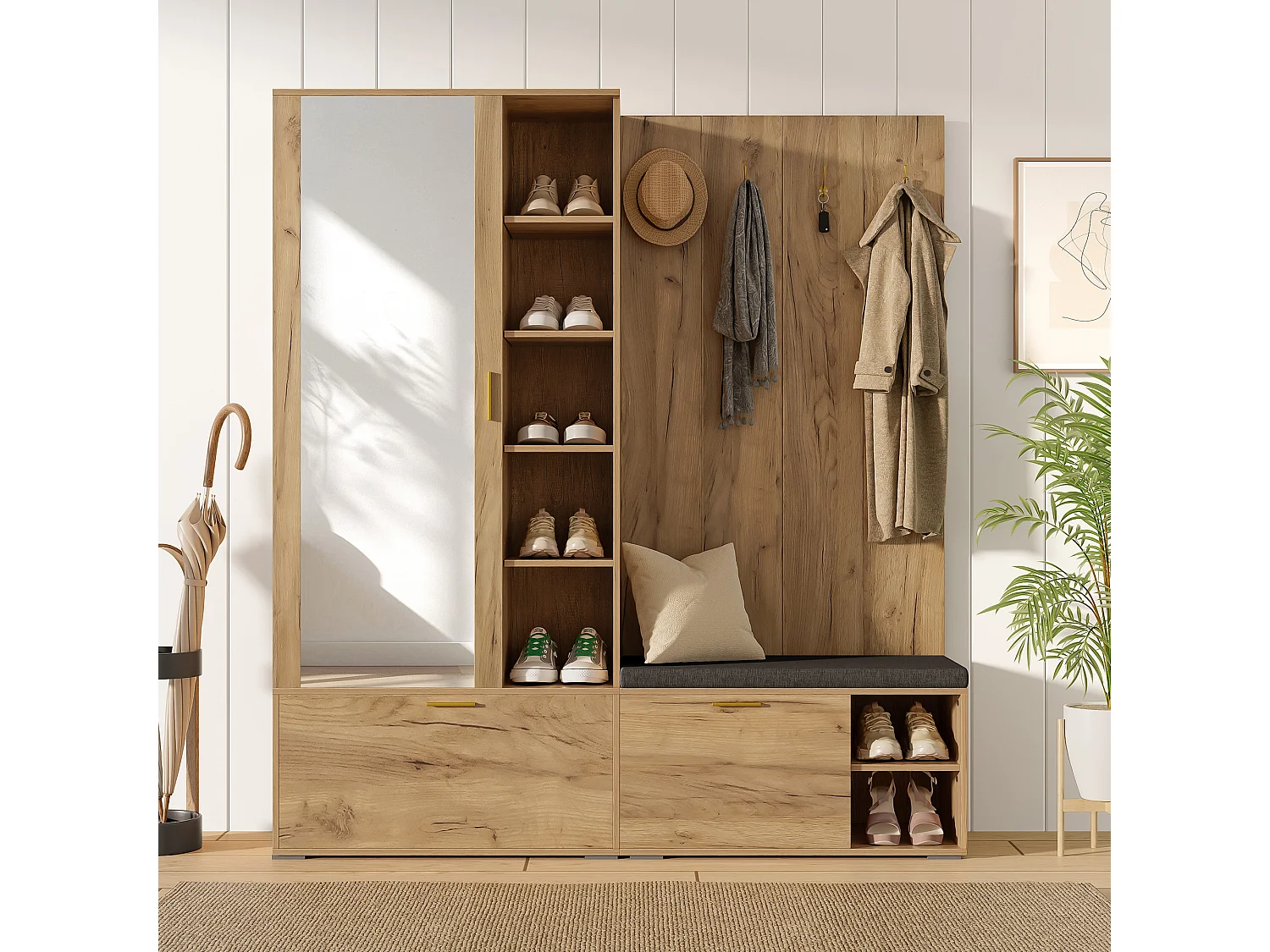 Ensemble vestiaire d'entrée 160x38x180cm - avec 3 portes et compartiments de rangement - avec miroir et meuble à chaussures - avec crochet - Naturel