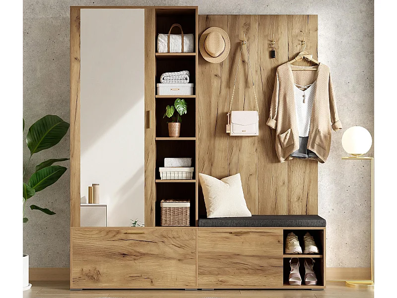 Ensemble vestiaire d'entrée 160x38x180cm - avec 3 portes et compartiments de rangement - avec miroir et meuble à chaussures - avec crochet - Naturel