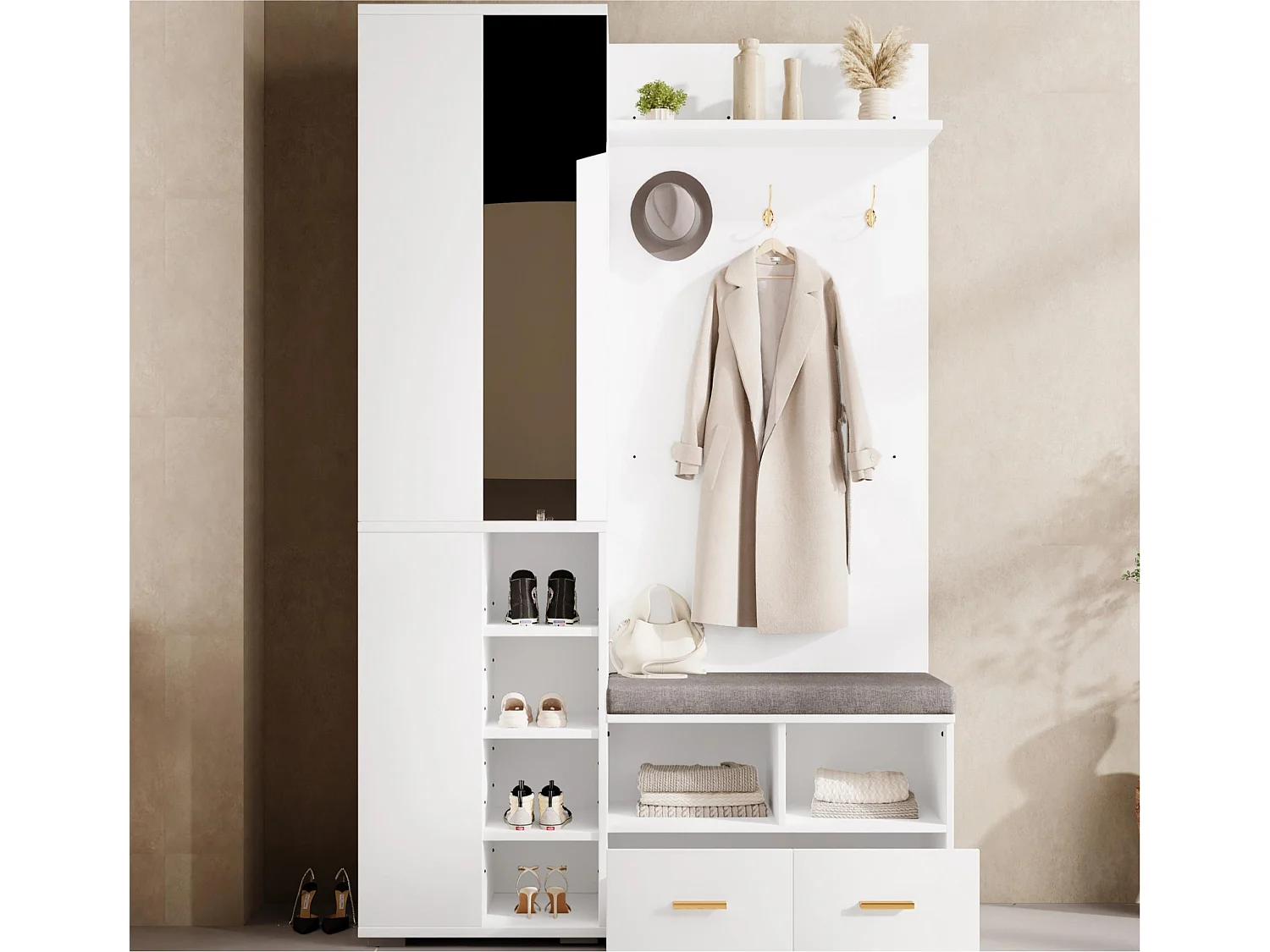 Ensemble vestiaire d'entrée 120x35x190cm - avec 2 tiroirs et compartiments de rangement - avec miroir et banc à chaussures - Blanc