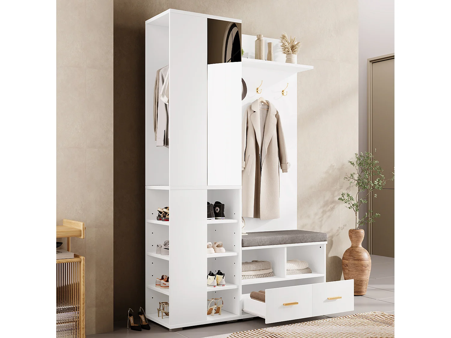 Ensemble vestiaire d'entrée 120x35x190cm - avec 2 tiroirs et compartiments de rangement - avec miroir et banc à chaussures - Blanc