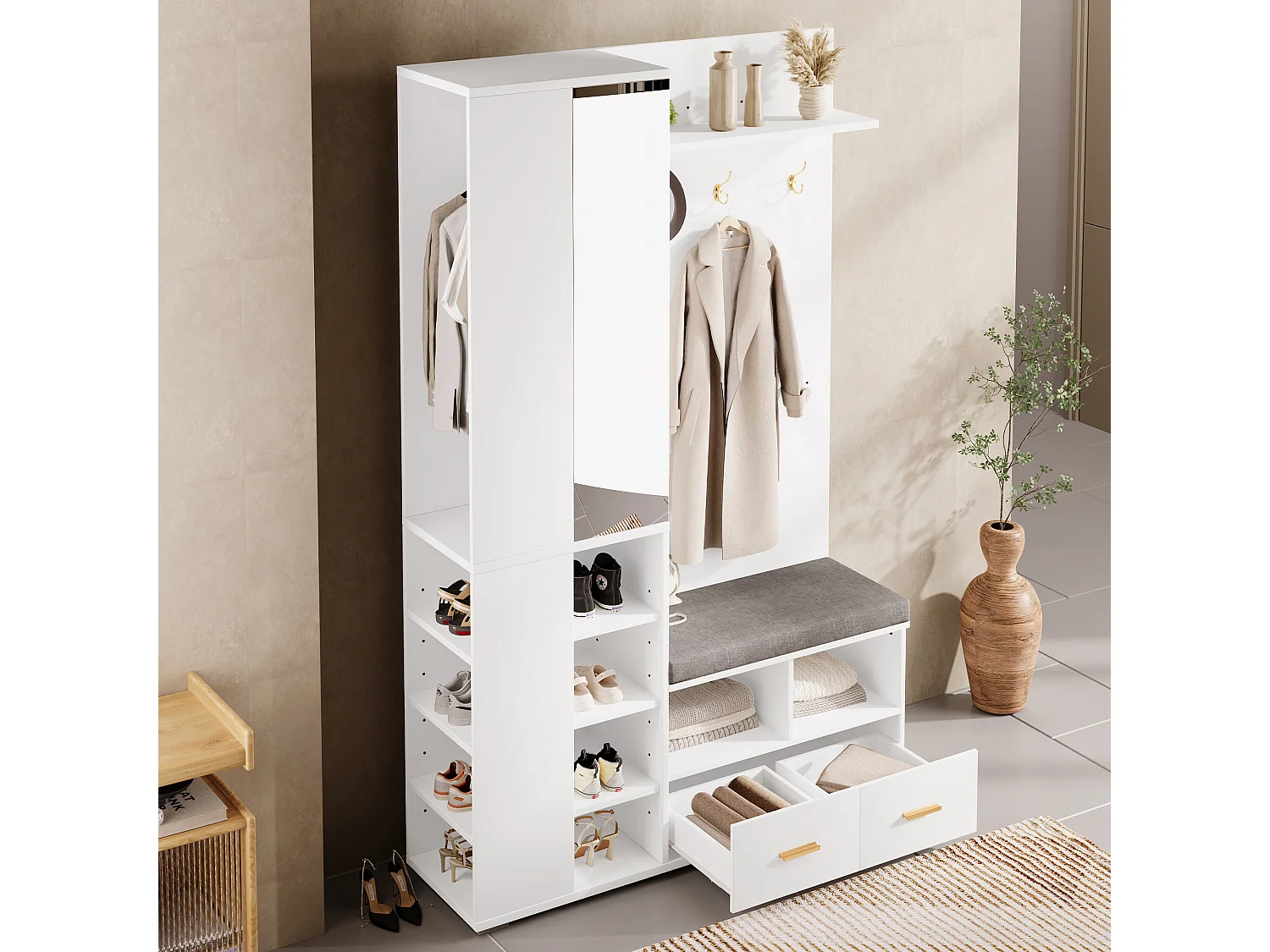 Ensemble vestiaire d'entrée 120x35x190cm - avec 2 tiroirs et compartiments de rangement - avec miroir et banc à chaussures - Blanc