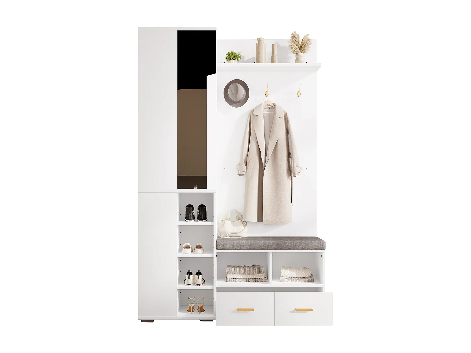 Ensemble vestiaire d'entrée 120x35x190cm - avec 2 tiroirs et compartiments de rangement - avec miroir et banc à chaussures - Blanc