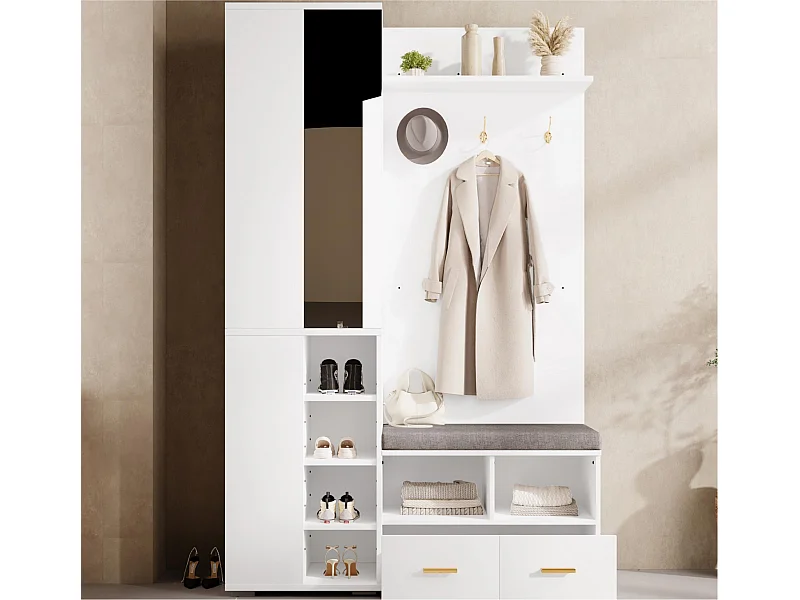 Ensemble vestiaire d'entrée 120x35x190cm - avec 2 tiroirs et compartiments de rangement - avec miroir et banc à chaussures - Blanc