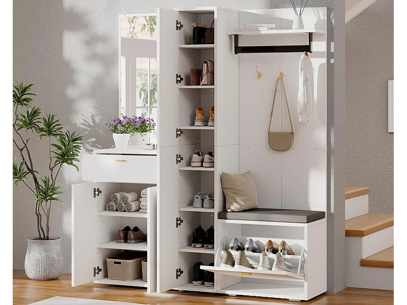 Ensemble vestiaire d'entrée 150x36x180cm - avec 4 portes et 1 tiroir - avec miroir et meuble à chaussures - avec crochet - Blanc