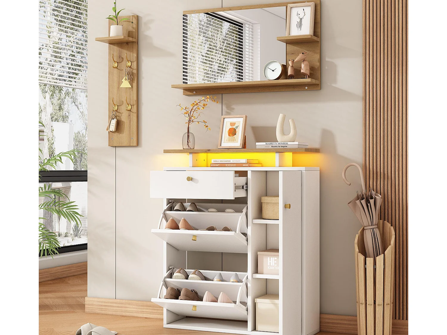 Ensemble vestiaire d'entrée 105x25x151.5cm - avec LED - avec 3 portes et 1 tiroir - avec miroir et meuble à chaussures - Blanc + Naturel