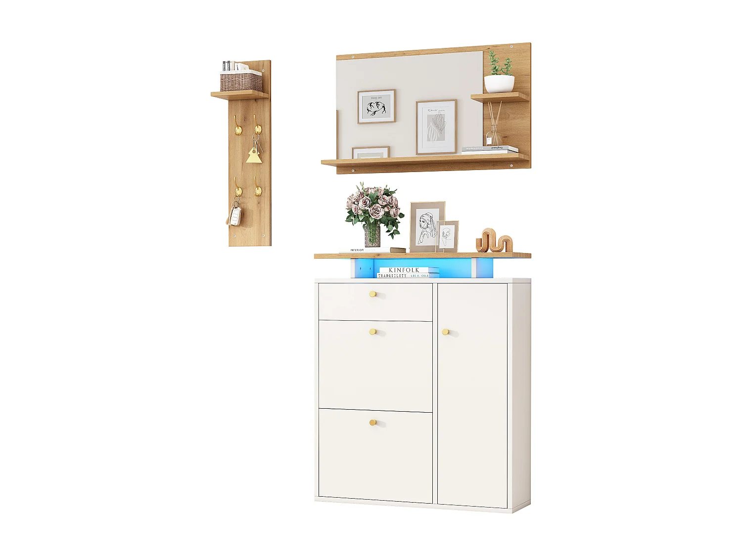 Ensemble vestiaire d'entrée 105x25x151.5cm - avec LED - avec 3 portes et 1 tiroir - avec miroir et meuble à chaussures - Blanc + Naturel